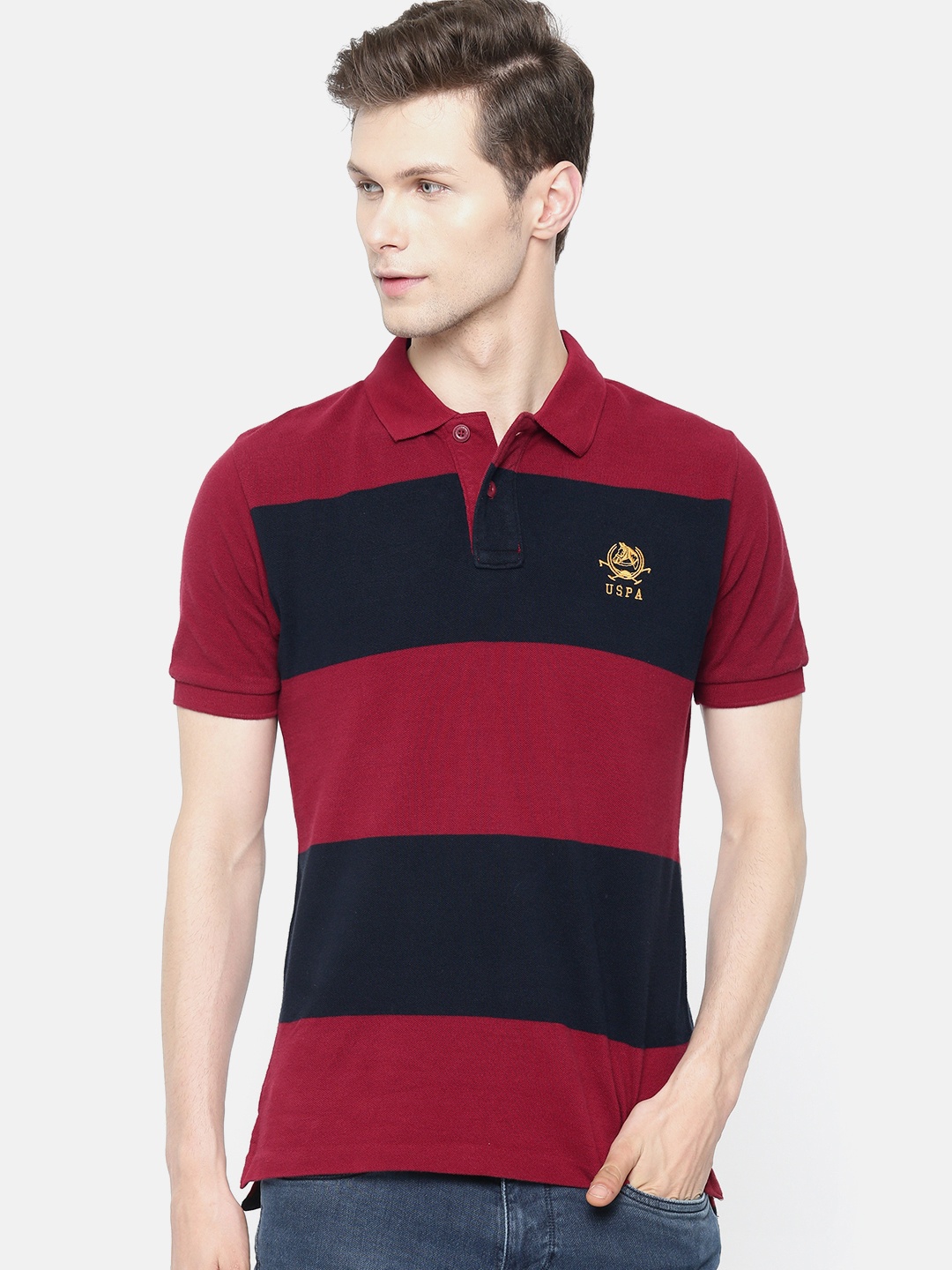 

U.S. Polo Assn. Men Red Navy Blue Solid Round Neck Pure Cotton T-shirt