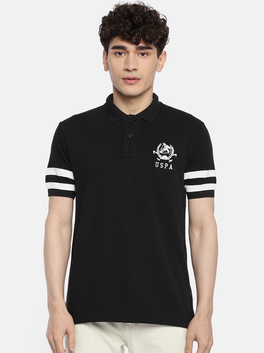 

U.S. Polo Assn. Men Black Solid Polo Collar Pure Cotton T-shirt