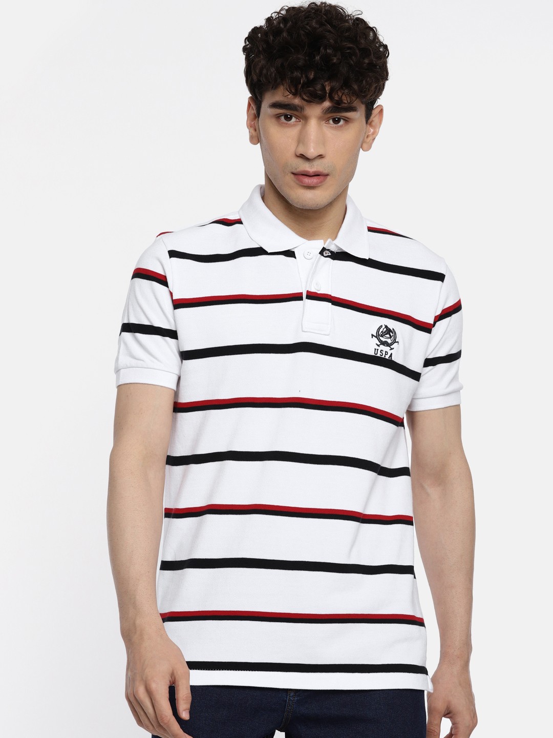 

U.S. Polo Assn. Men White Red Striped Polo Collar Pure Cotton T-shirt