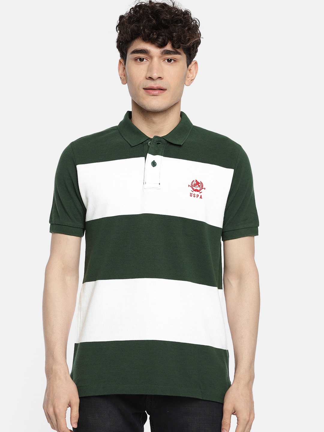 

U.S. Polo Assn. Men Green & White Colourblocked Polo Collar T-shirt