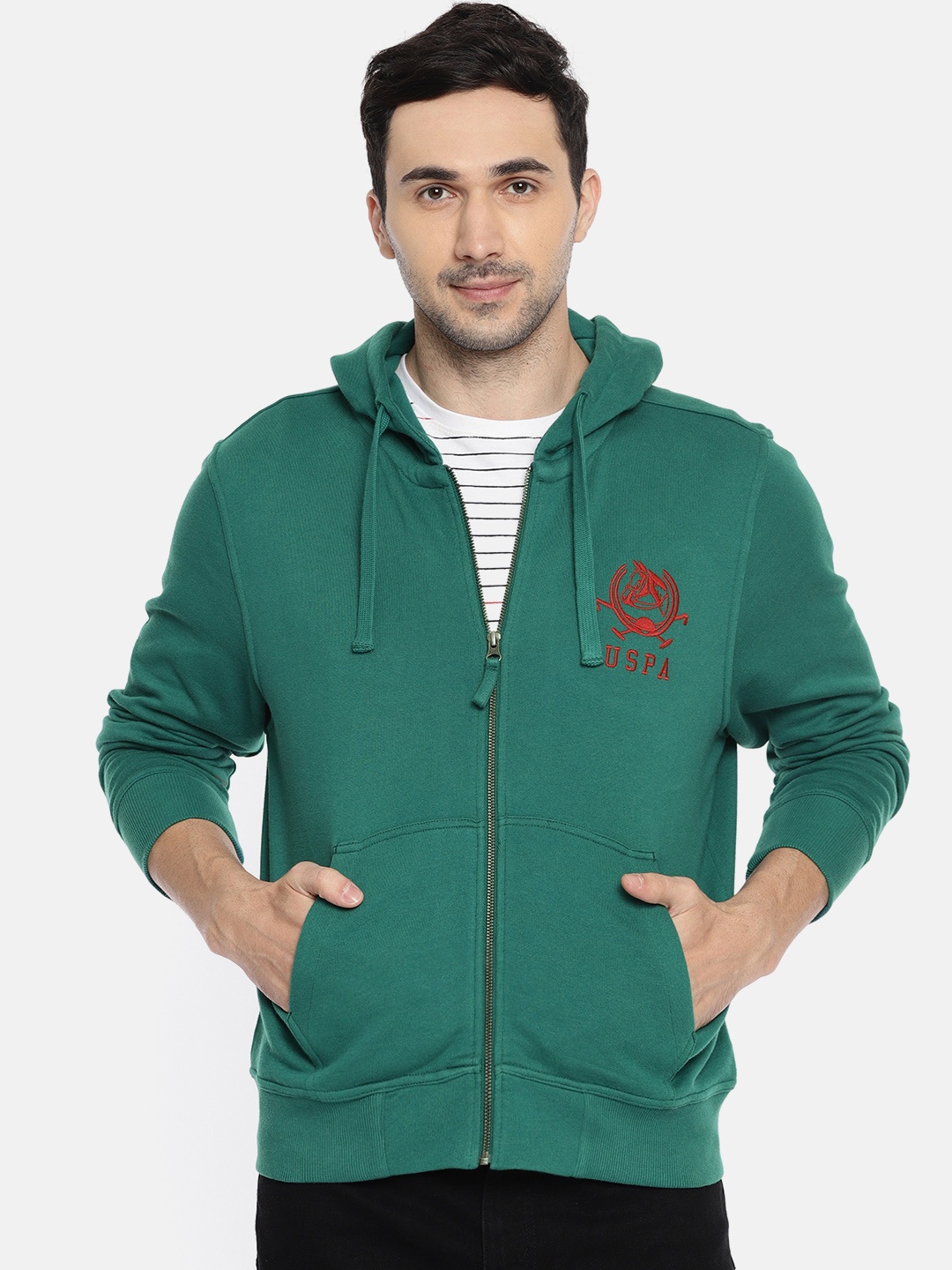 

U.S. Polo Assn. Men Teal Green Solid Hooded Sweatshirt