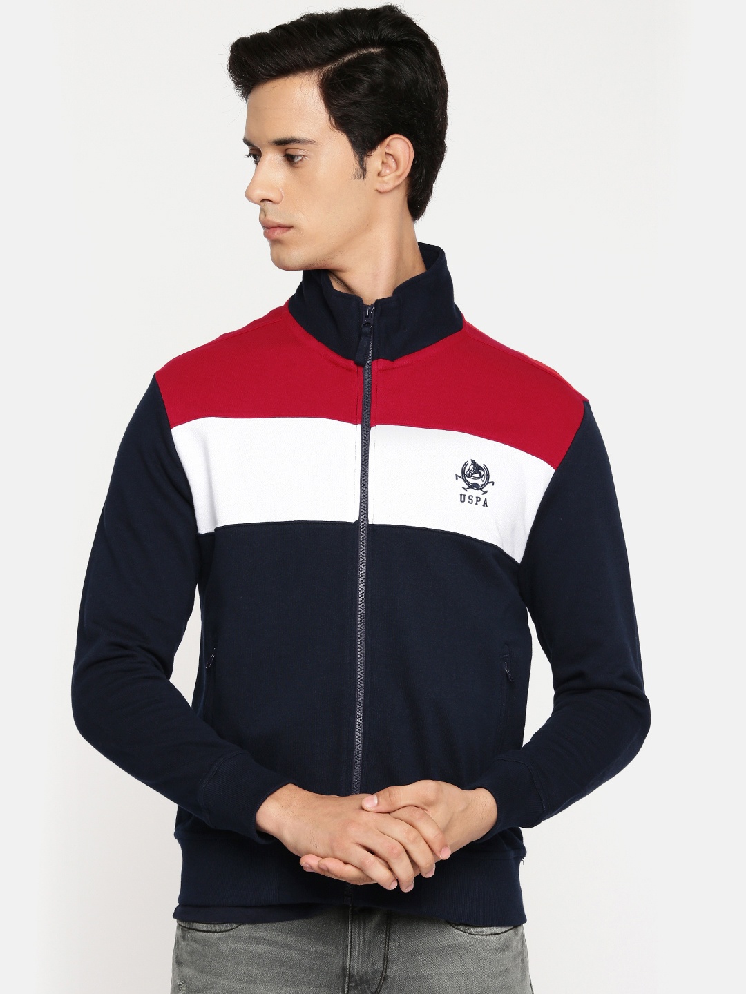 

U.S. Polo Assn. Men Navy Blue & Red Colourblocked Sweatshirt