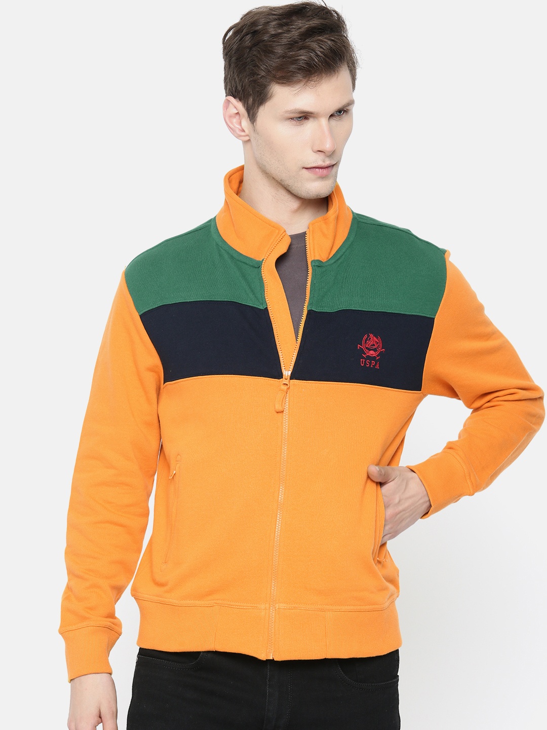 

U.S. Polo Assn. Men Mustard Yellow & Green Colourblocked Sweatshirt