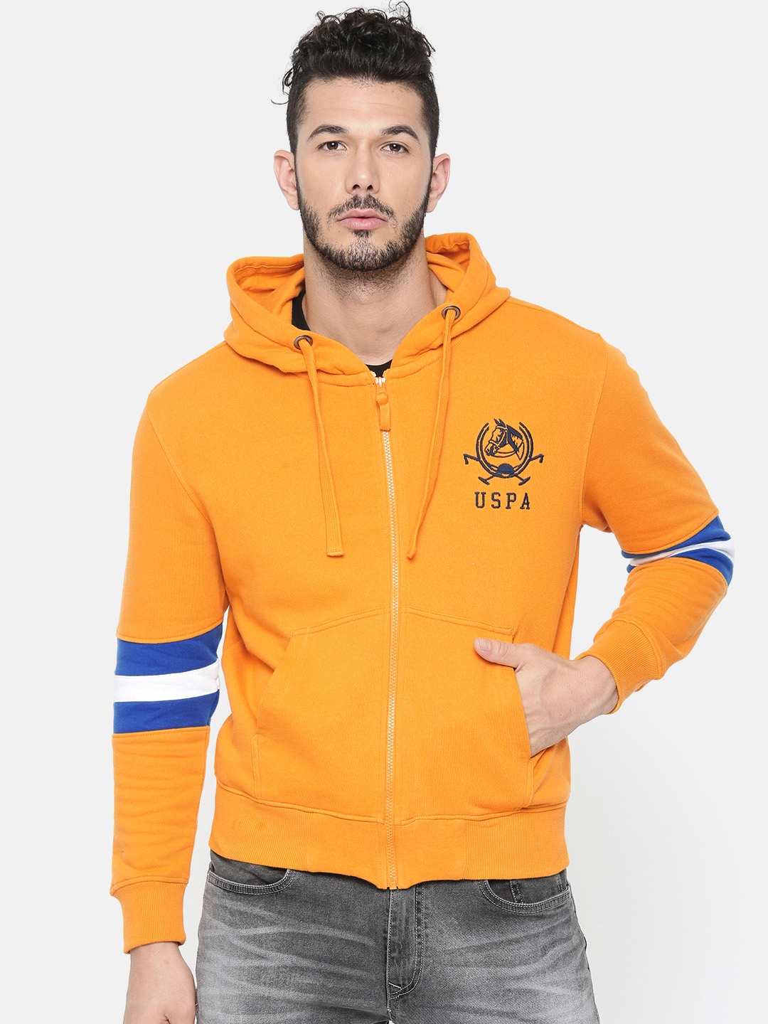 

U.S. Polo Assn. Men Mustard Yellow Solid Hooded Front-Open Sweatshirt