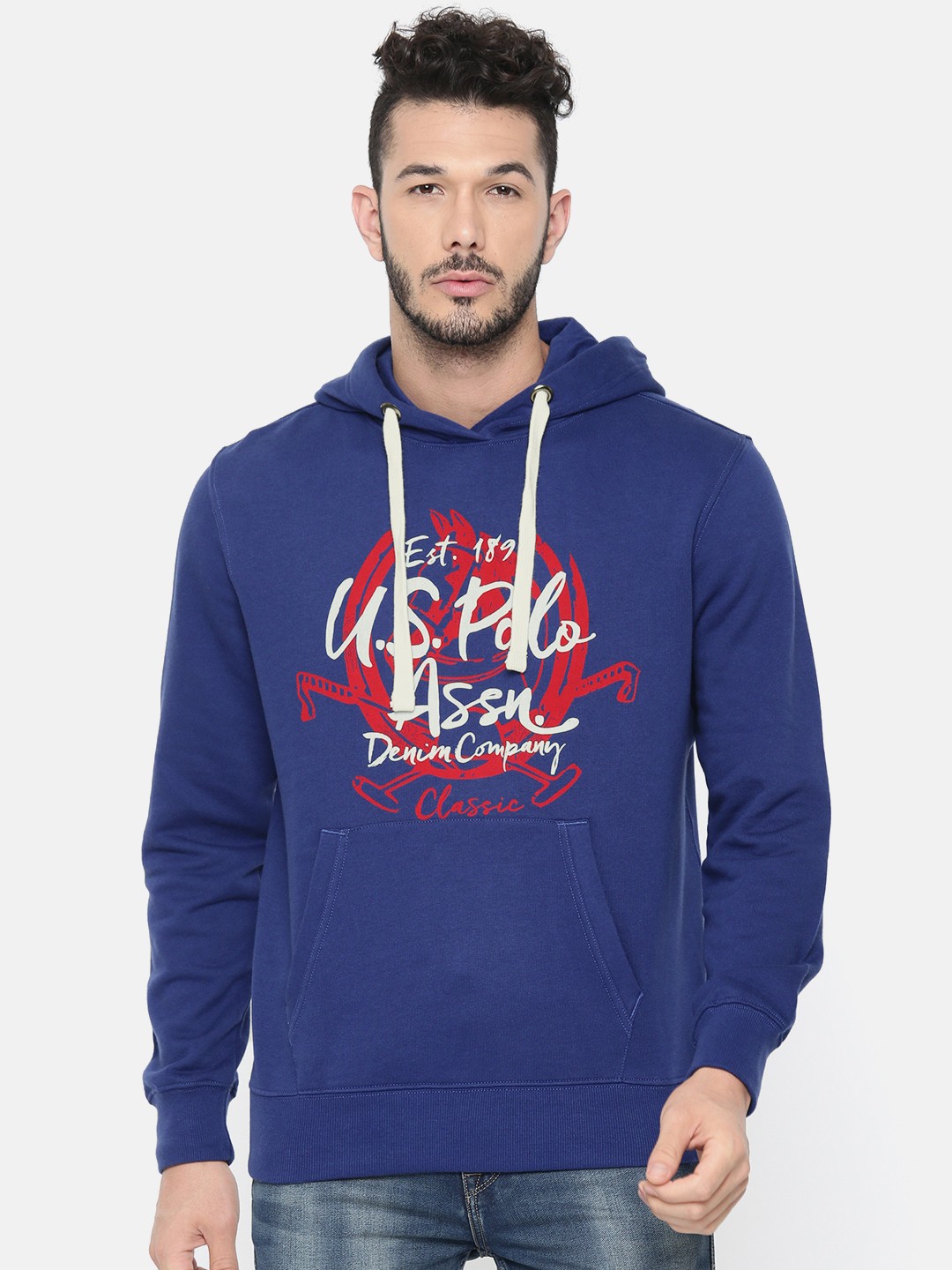 

U.S. Polo Assn. Men Navy Blue Printed Hooded Sweatshirt