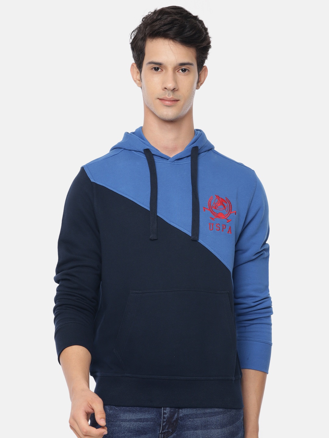

U.S. Polo Assn. Men Blue Colourblocked Hooded Sweatshirt
