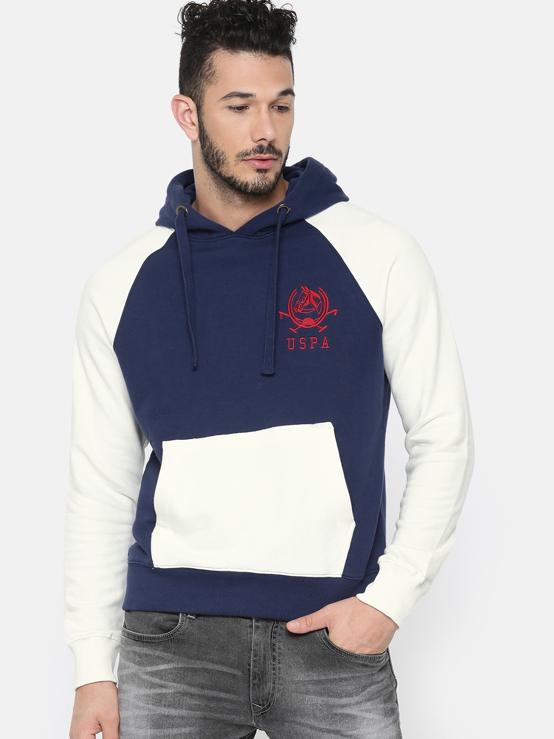 

U.S. Polo Assn. Men Navy Blue & White Solid Hooded Sweatshirt