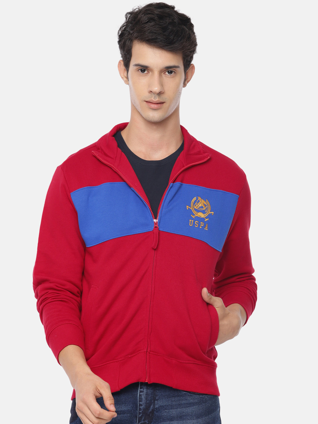 

U.S. Polo Assn. Men Red & Blue Colourblocked Sweatshirt