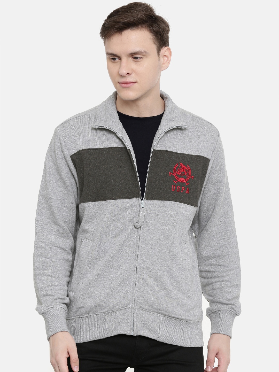 

U.S. Polo Assn. Men Grey Melange Colourblocked Sweatshirt
