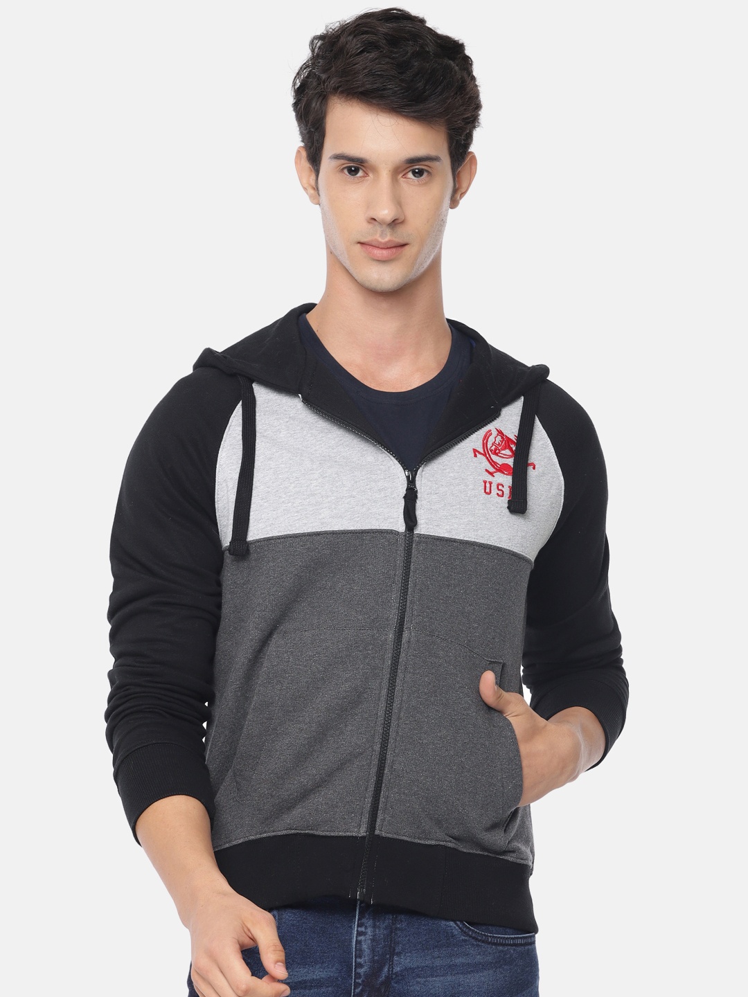 

U.S. Polo Assn. Men Black & Grey Colourblocked Hooded Sweatshirt