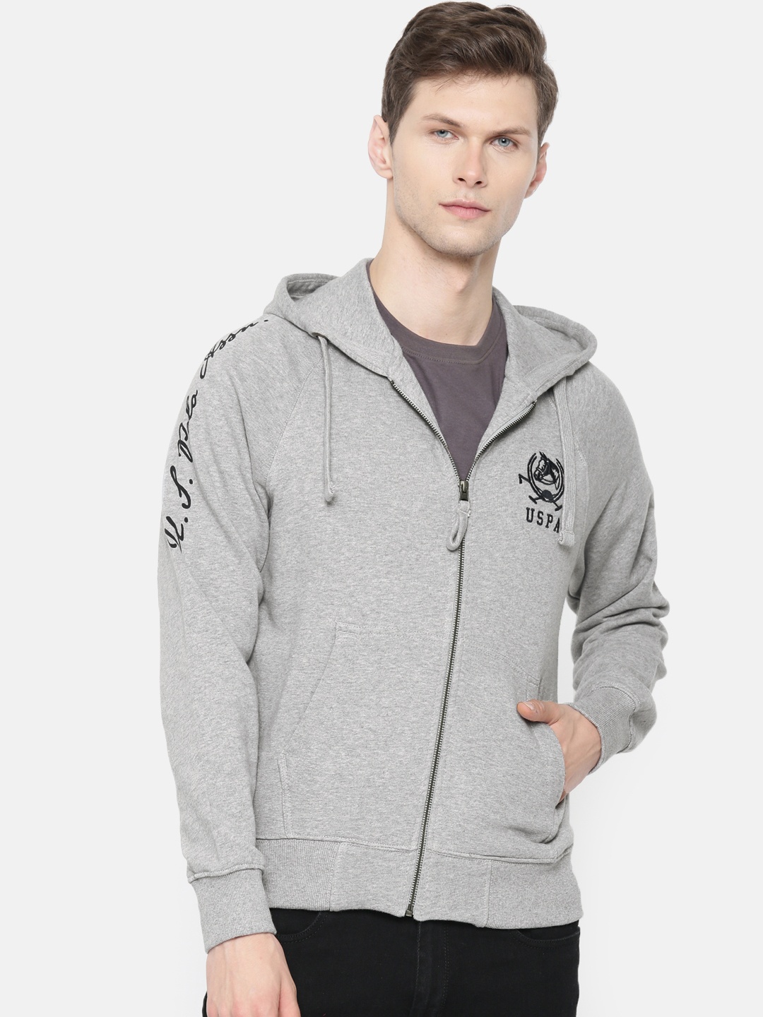 

U.S. Polo Assn. Men Grey Melange Solid Hooded Sweatshirt