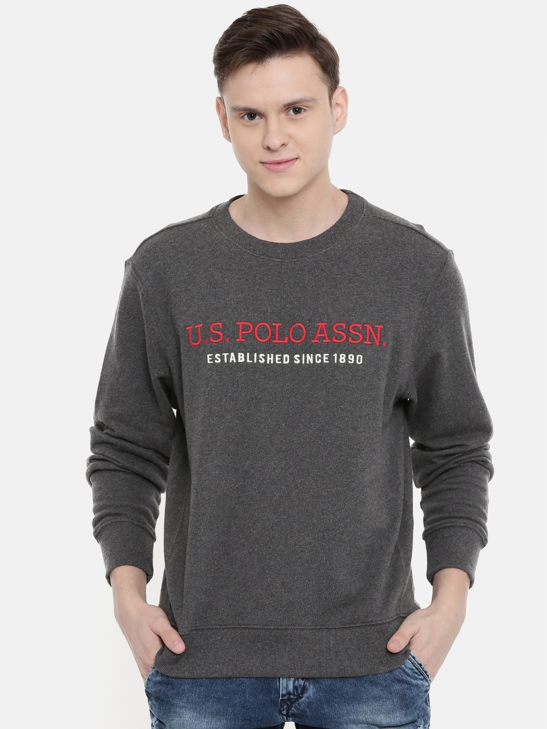 

U.S. Polo Assn. Men Grey Melange Embroidered Sweatshirt