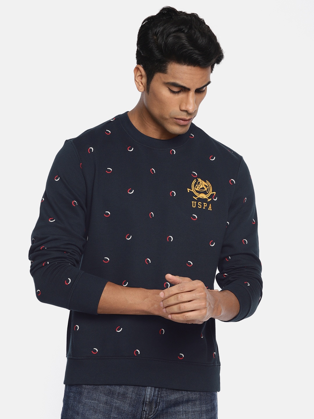 

U.S. Polo Assn. Men Navy Blue & Red Printed Pullover Sweatshirt