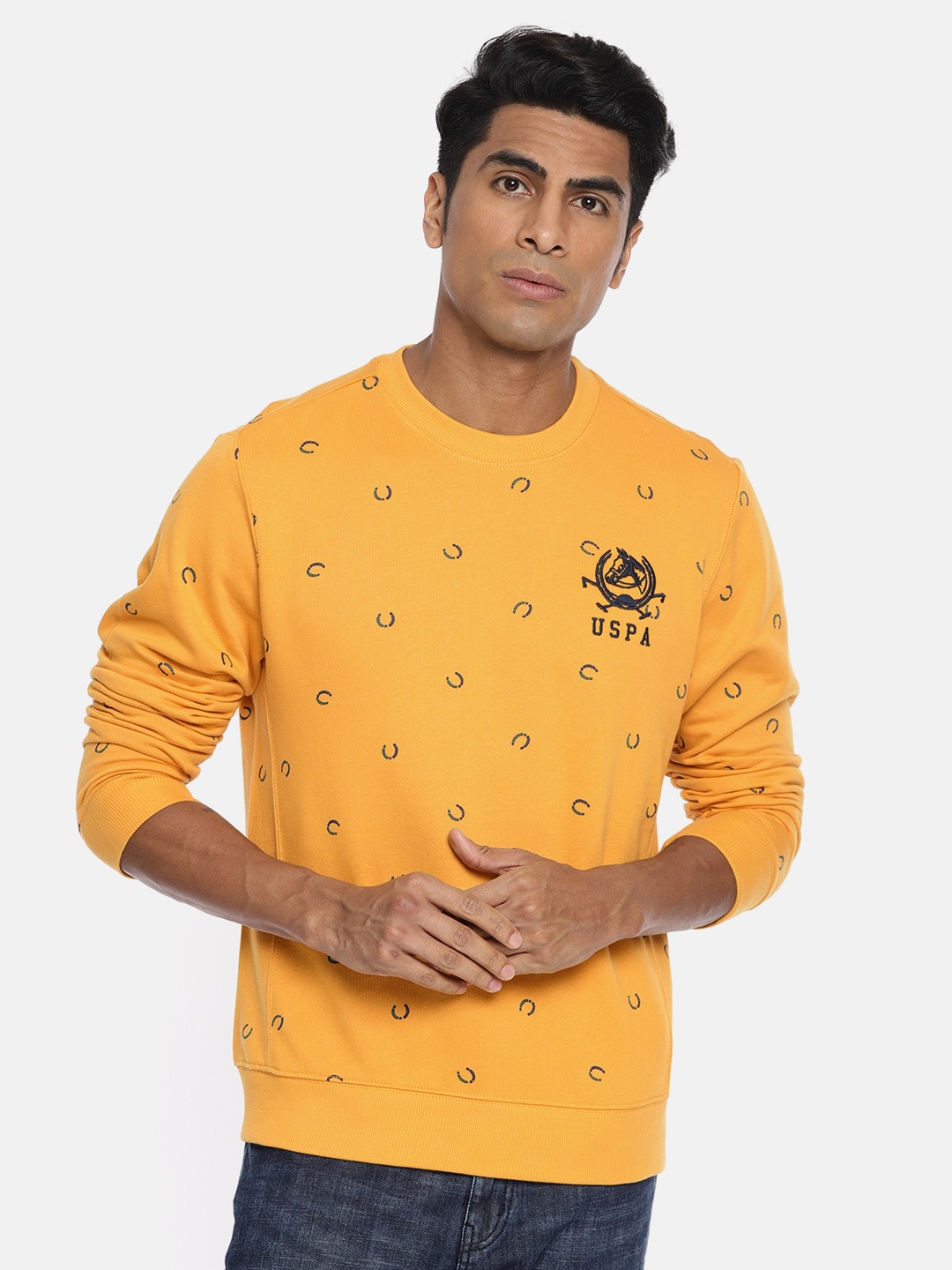 

U.S. Polo Assn. Men Mustard Yellow Printed Pullover Sweatshirt