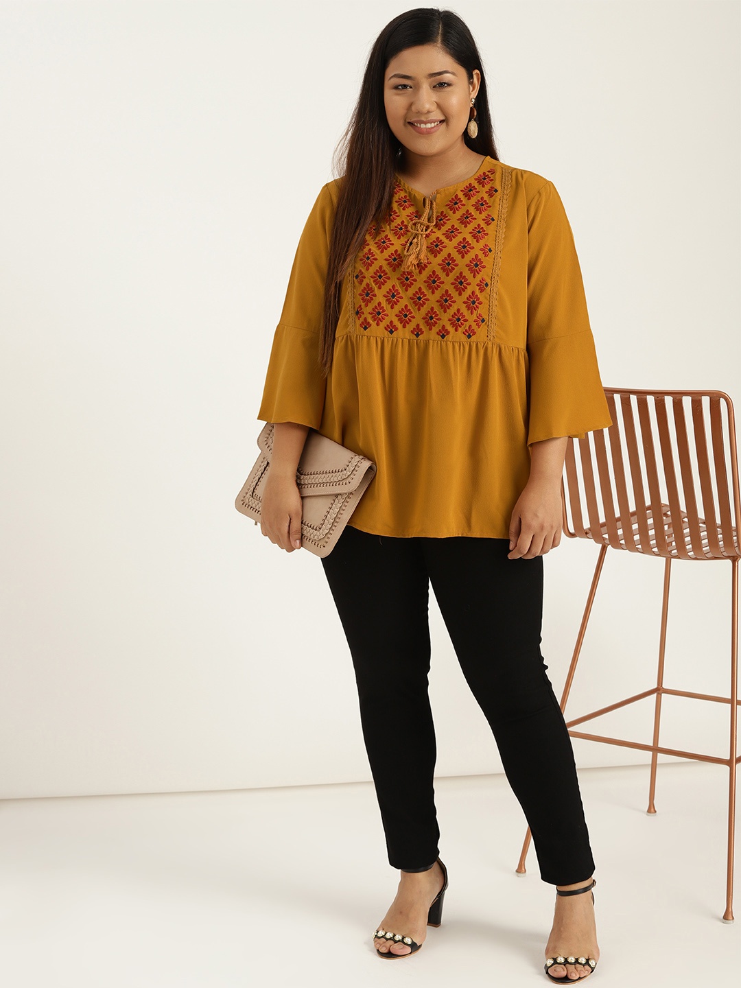 

Sztori Plus Size Women Mustard Yellow Embroidered Detail Longline A-Line Top