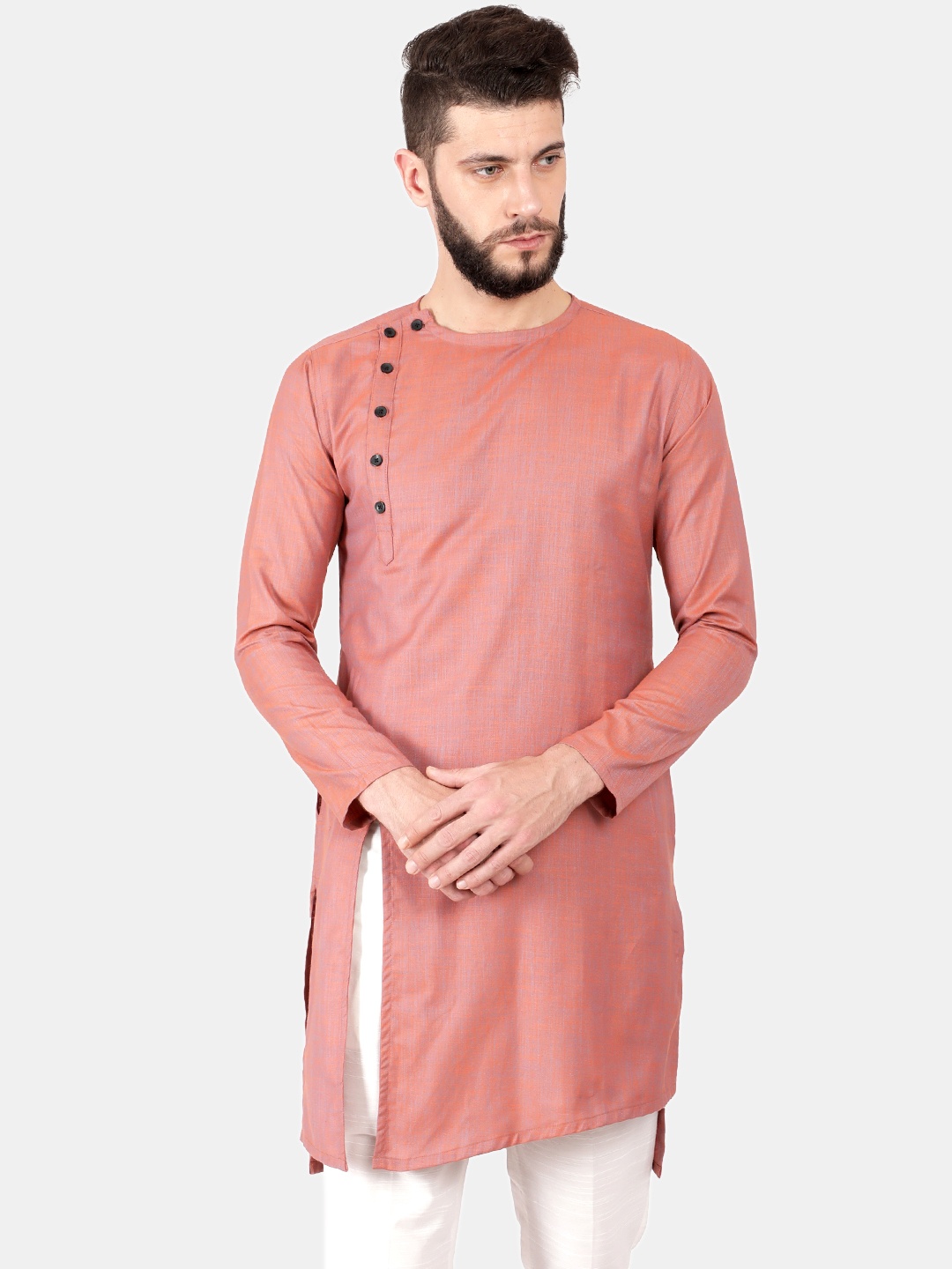 

Svanik Men Orange & Pink Solid Straight Asymmetric Kurta