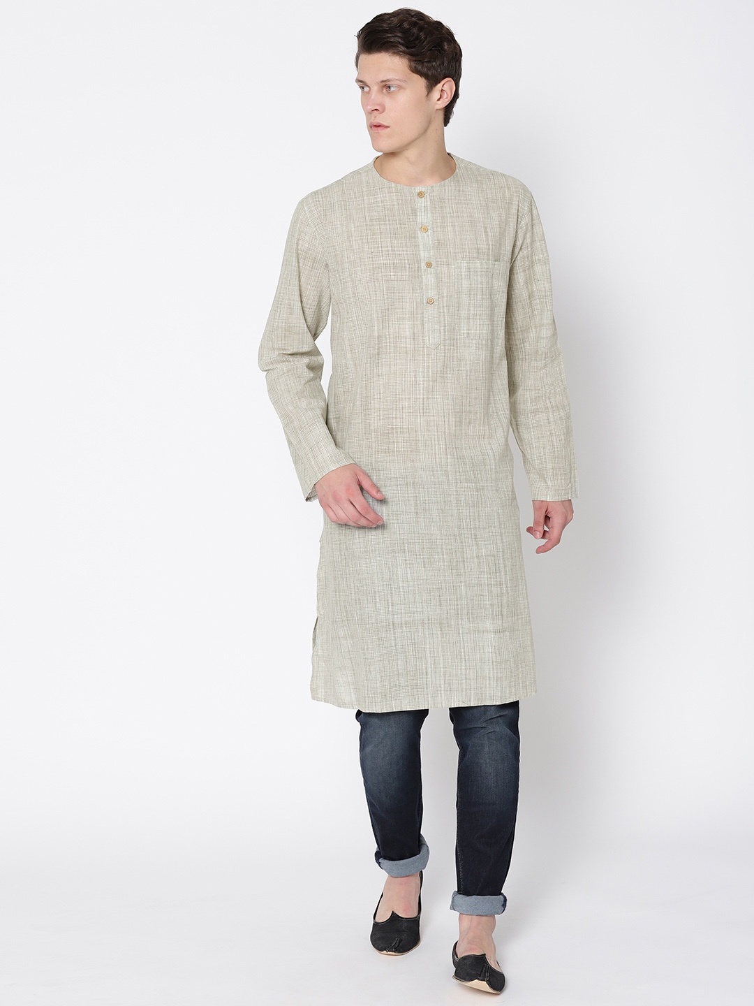 

Fabindia Men Grey Comfort Fit Checked Straight Kurta