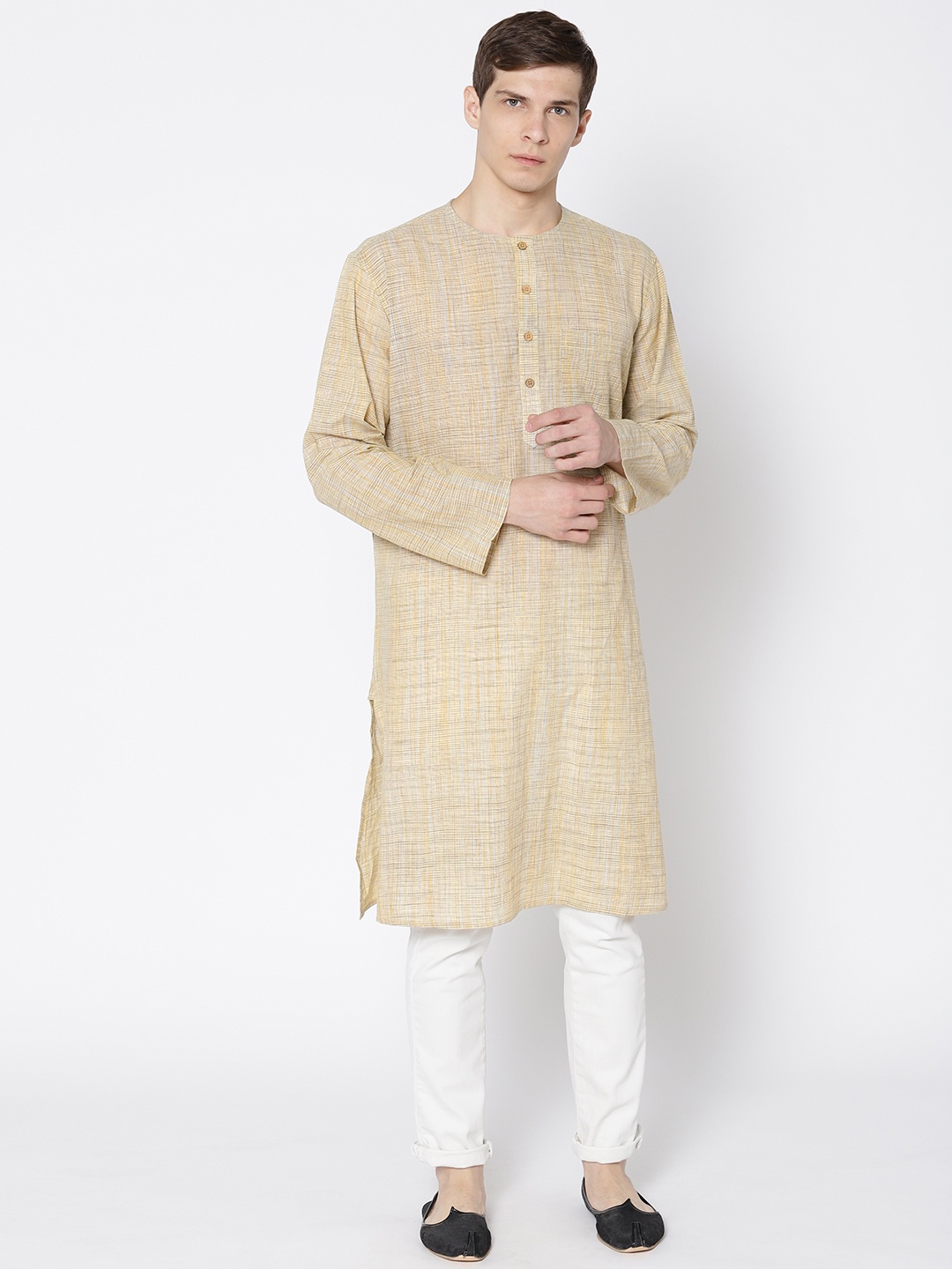 

Fabindia Men Beige Comfort Fit Checked Straight Kurta