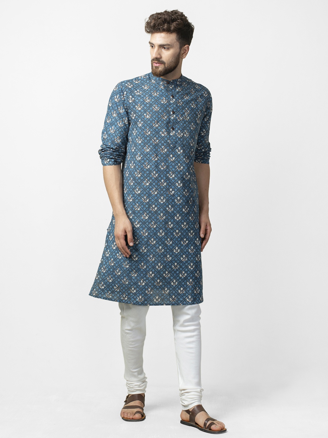 

Fabindia Men Blue & Beige Handblock Print Comfort Fit Straight Kurta