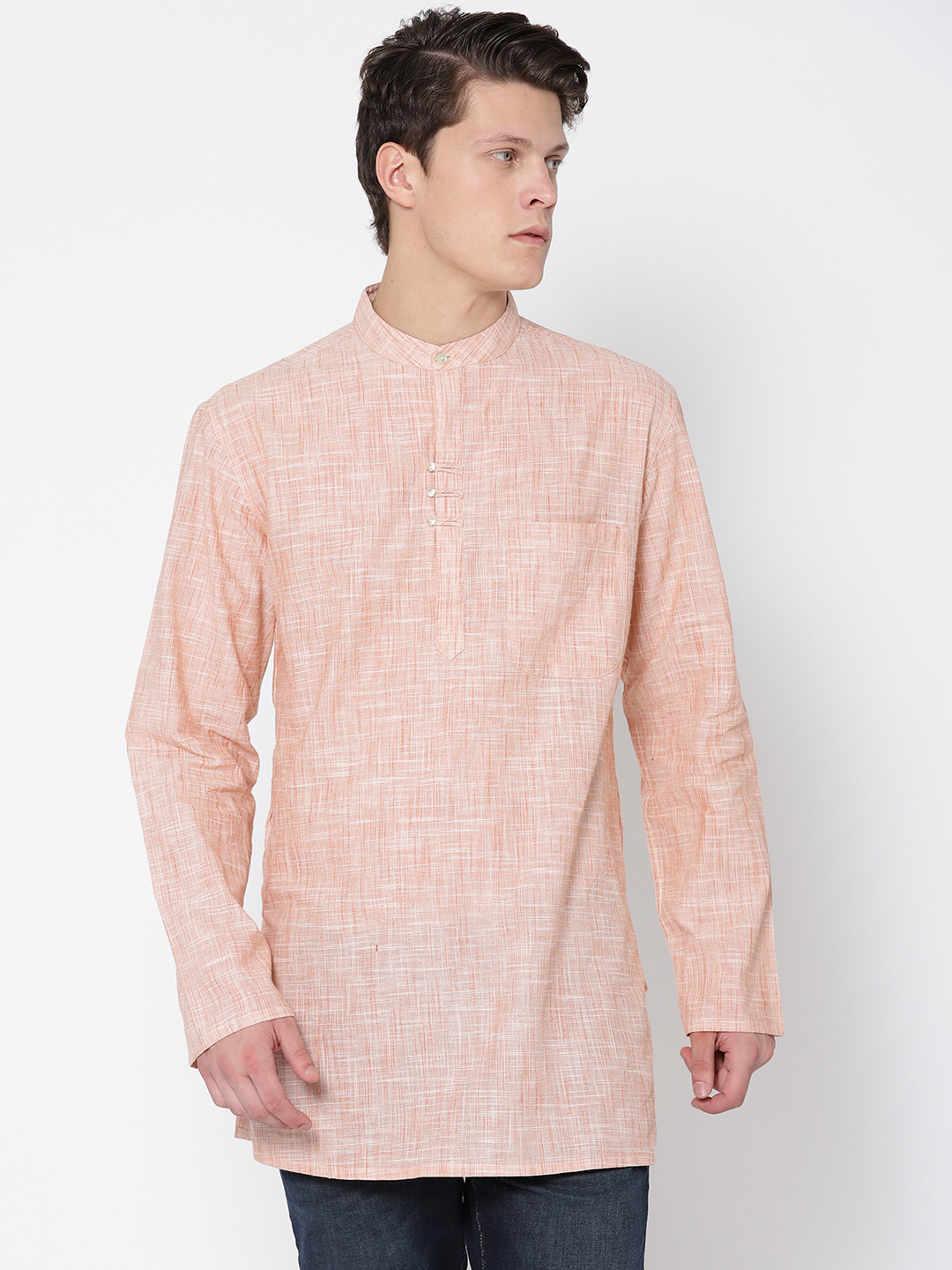 

Fabindia Men Peach-Coloured Woven Design Straight Kurta
