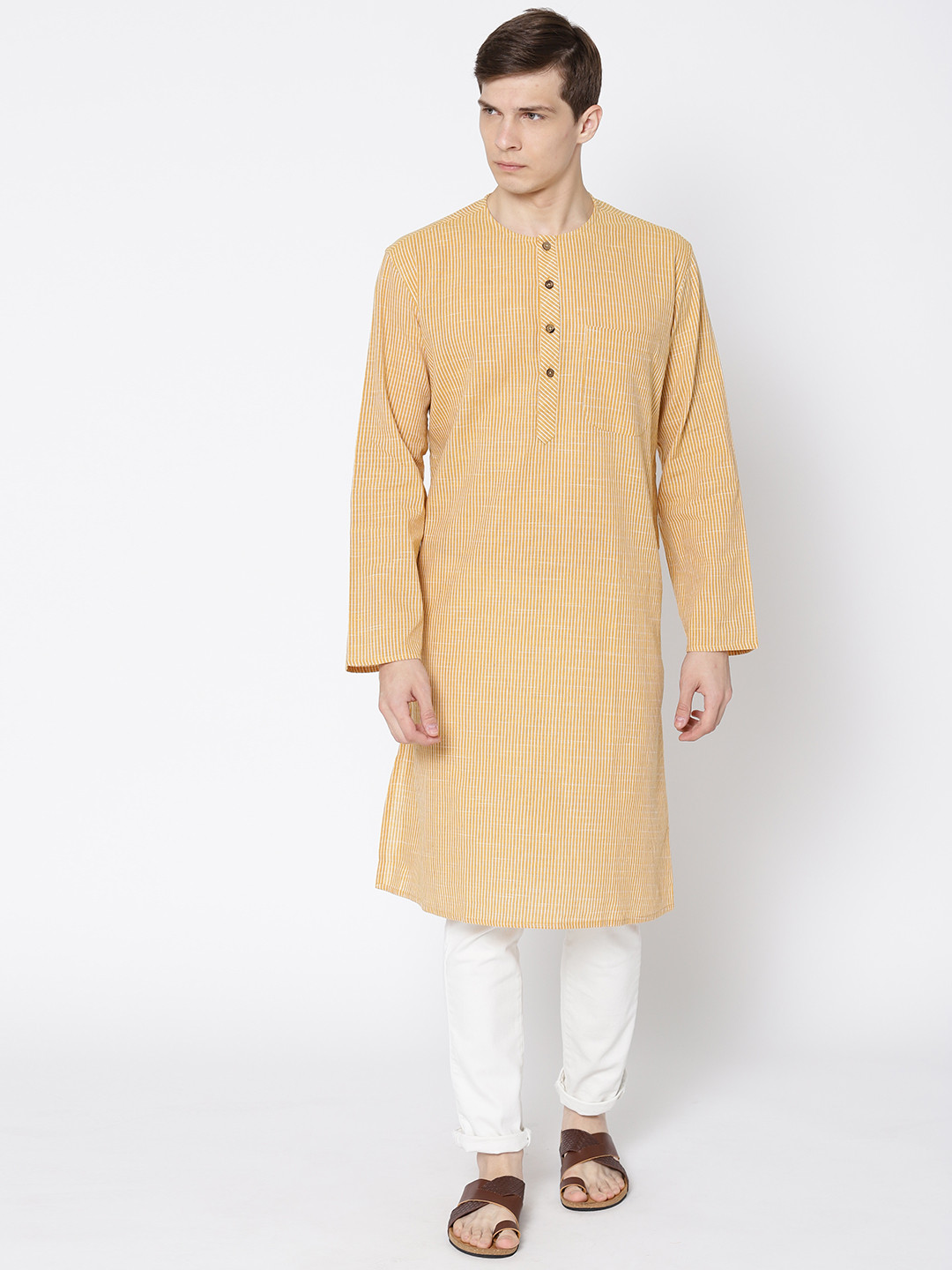 

Fabindia Men Mustard Yellow Comfort Fit Striped Straight Kurta