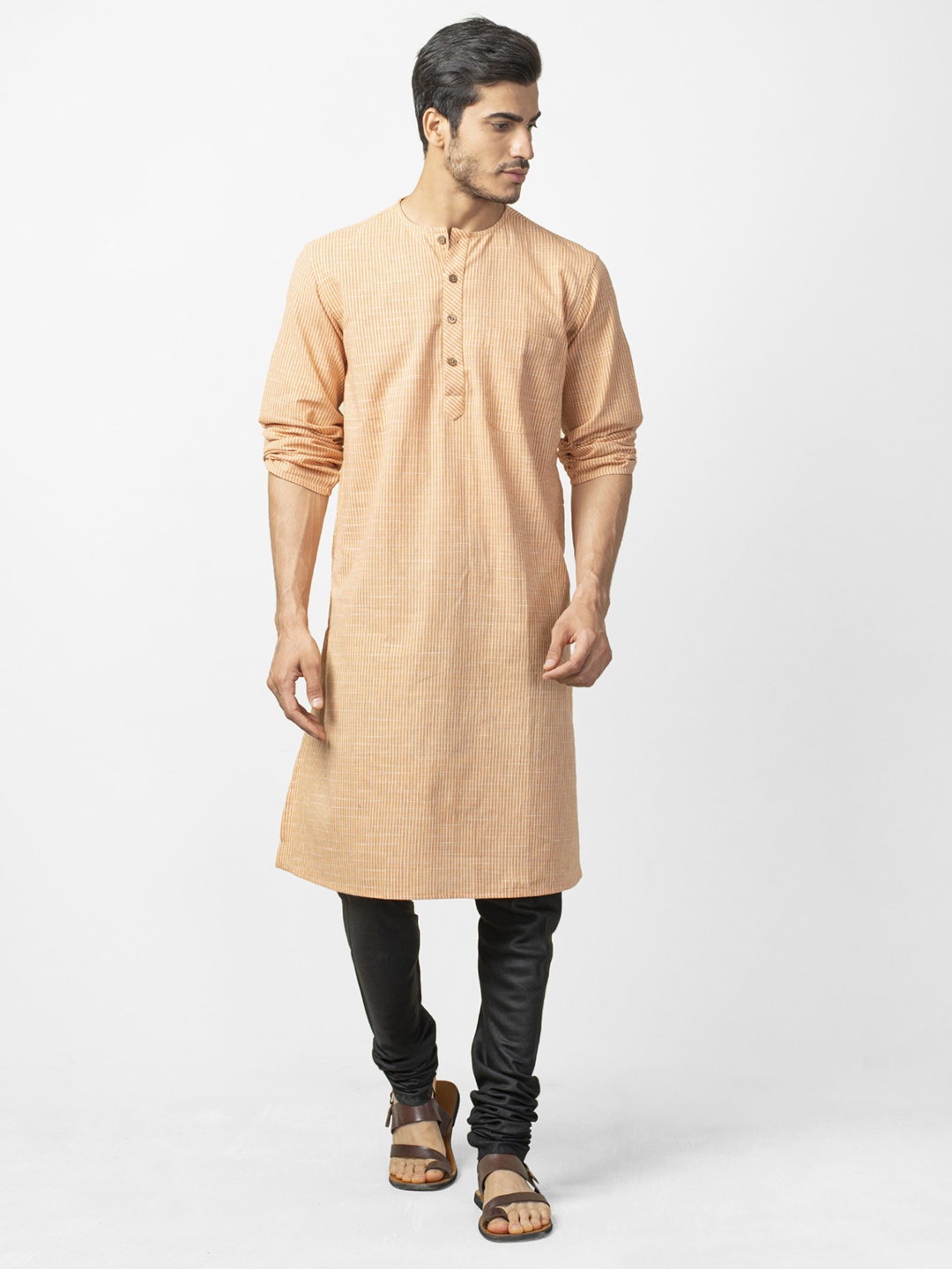 

Fabindia Men Orange & Off-White Comfort Fit Self-Striped Straight Kurta