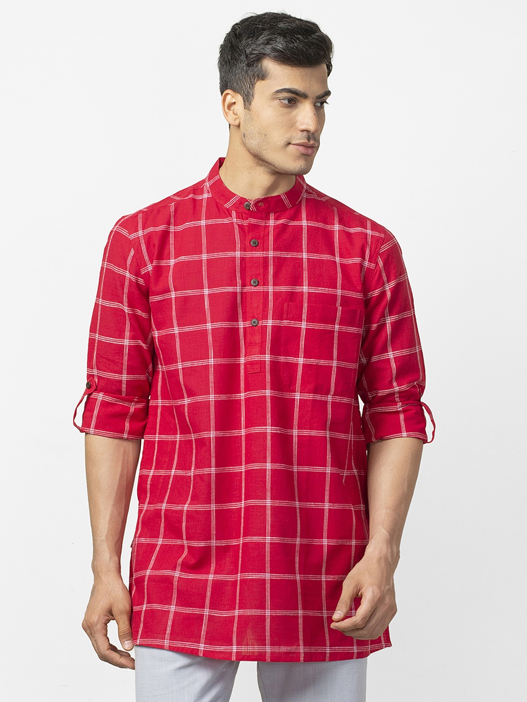 

Fabindia Men Red & White Checked Straight Kurta