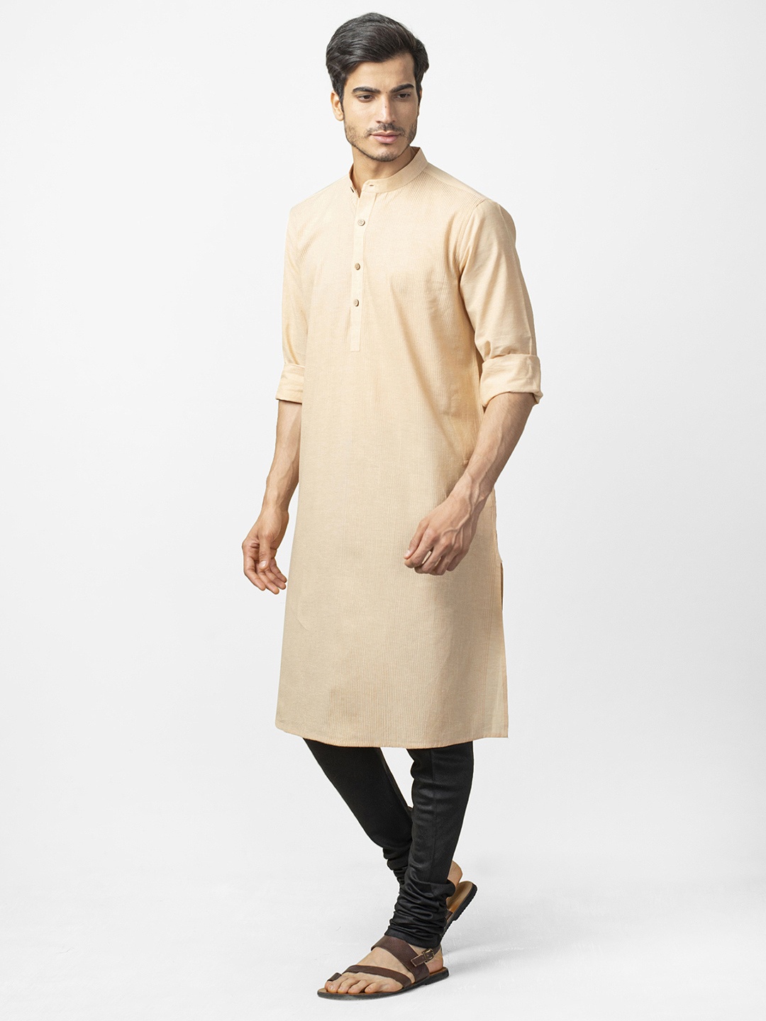 

Fabindia Men Beige Self-Striped Comfort Fit Straight Kurta