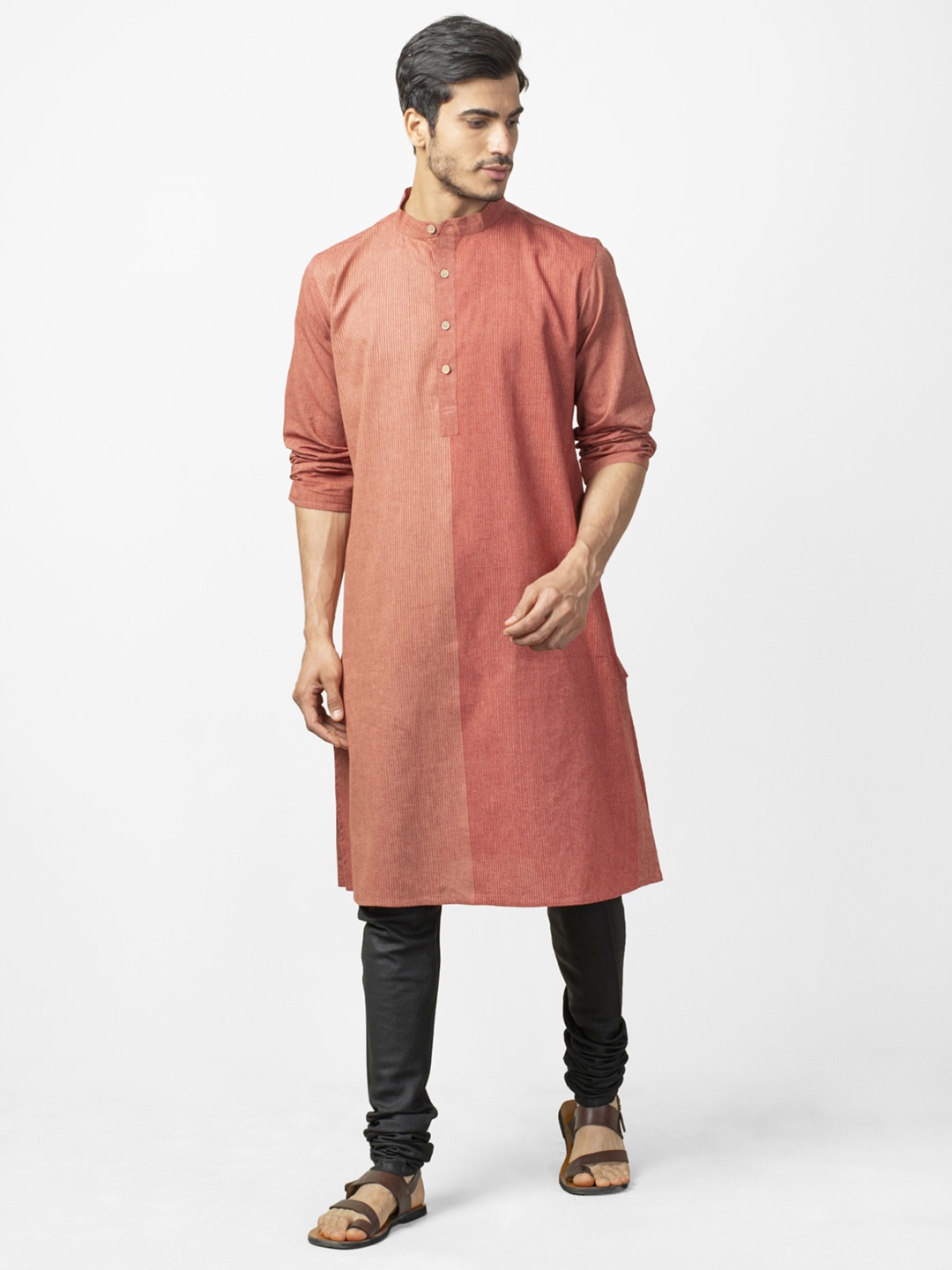 

Fabindia Men Rust Orange Self-Striped Straight Kurta