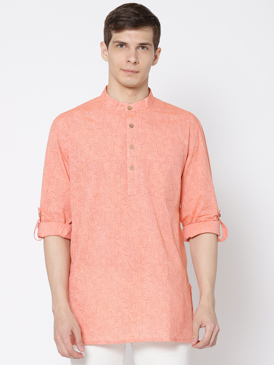 

Fabindia Men Peach-Coloured Printed Straight Kurta