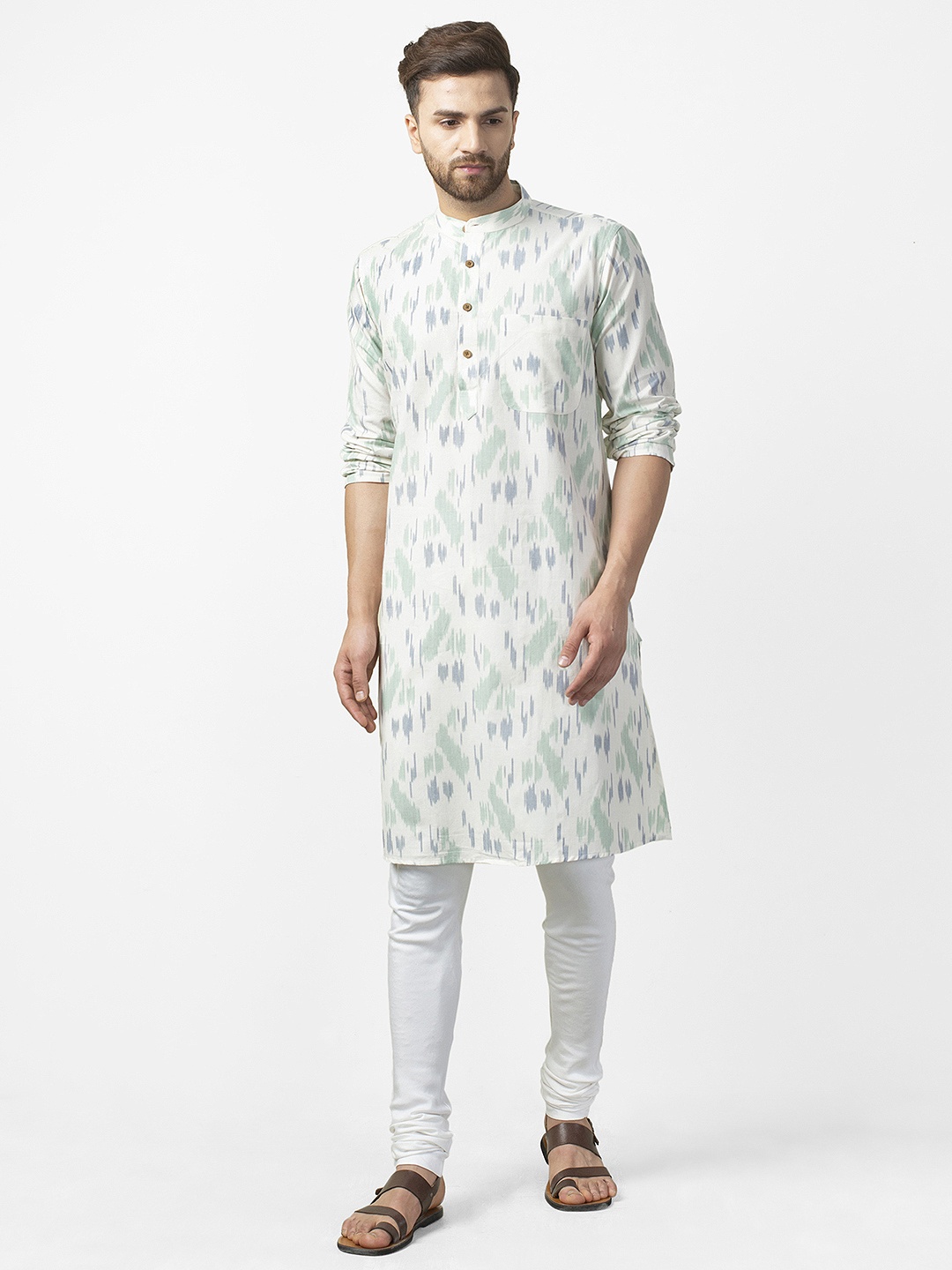 

Fabindia Men White & Green Ikat Patterned Comfort Fit Straight Kurta