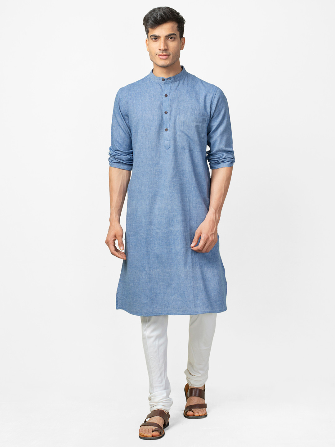 

Fabindia Men Blue Hand Woven Comfort Fit Straight Kurta