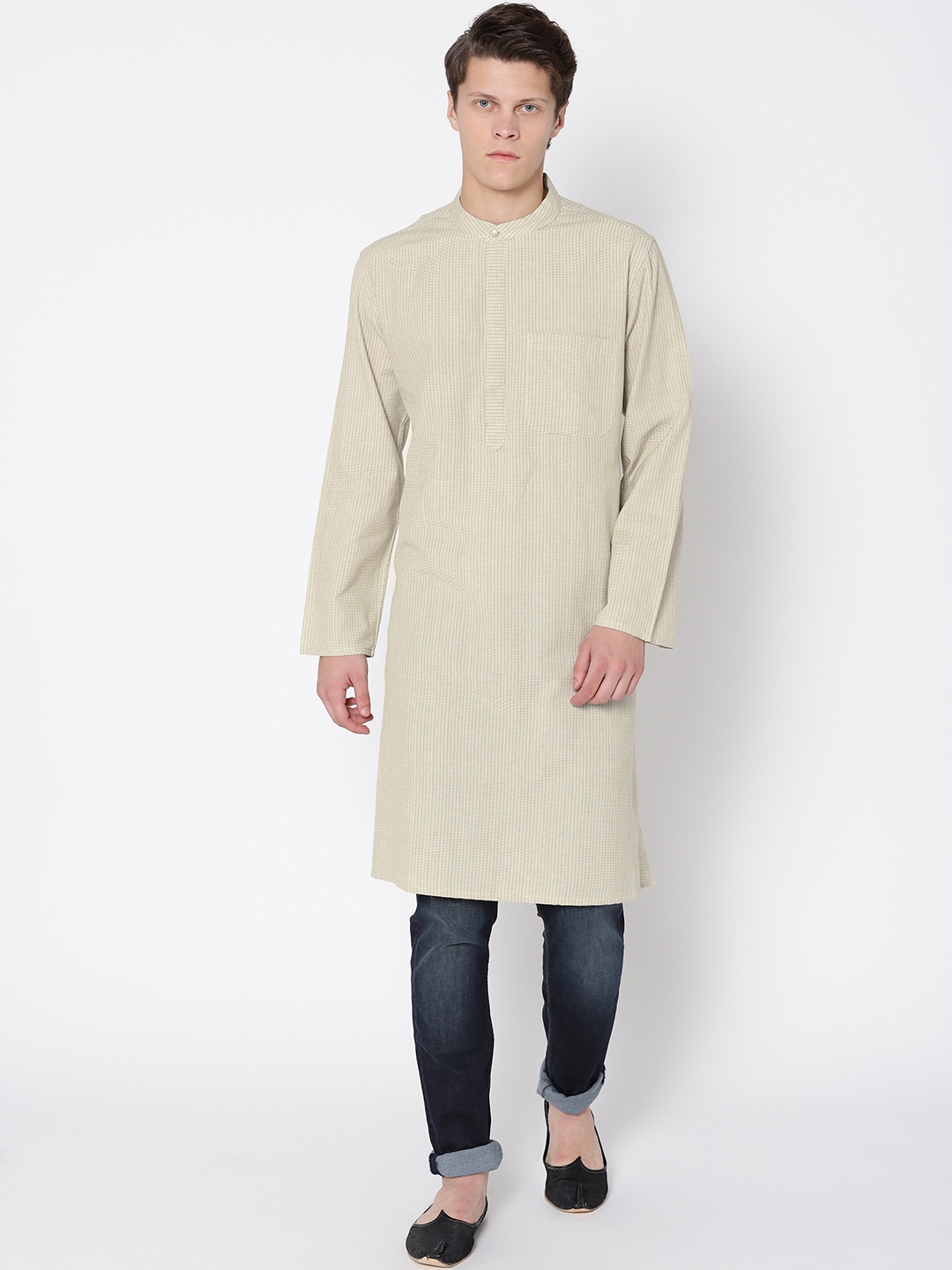 

Fabindia Men Green Self-Striped Comfort Fit Straight Kurta