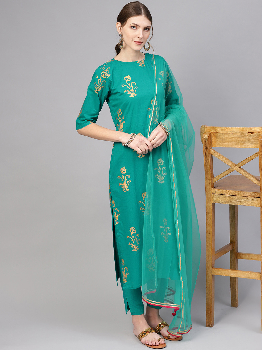 

AASI - HOUSE OF NAYO Women Green & Golden Printed Kurta with Trousers & Dupatta