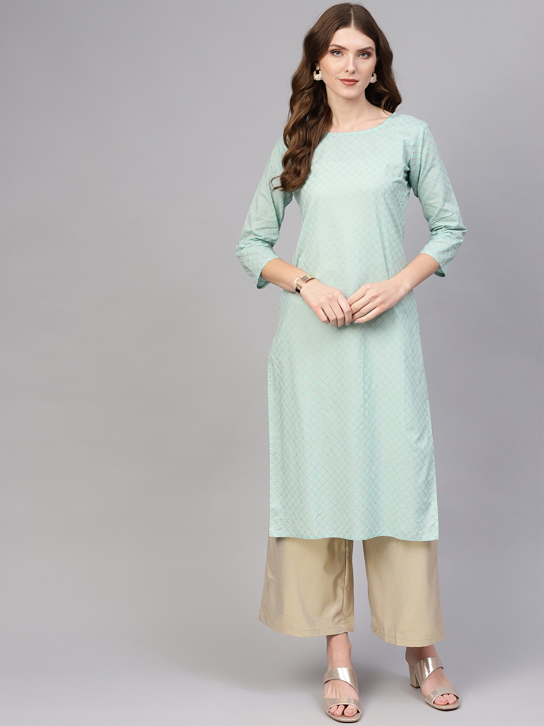 

AASI - HOUSE OF NAYO Women Sea Green & Golden Checked Straight Kurta