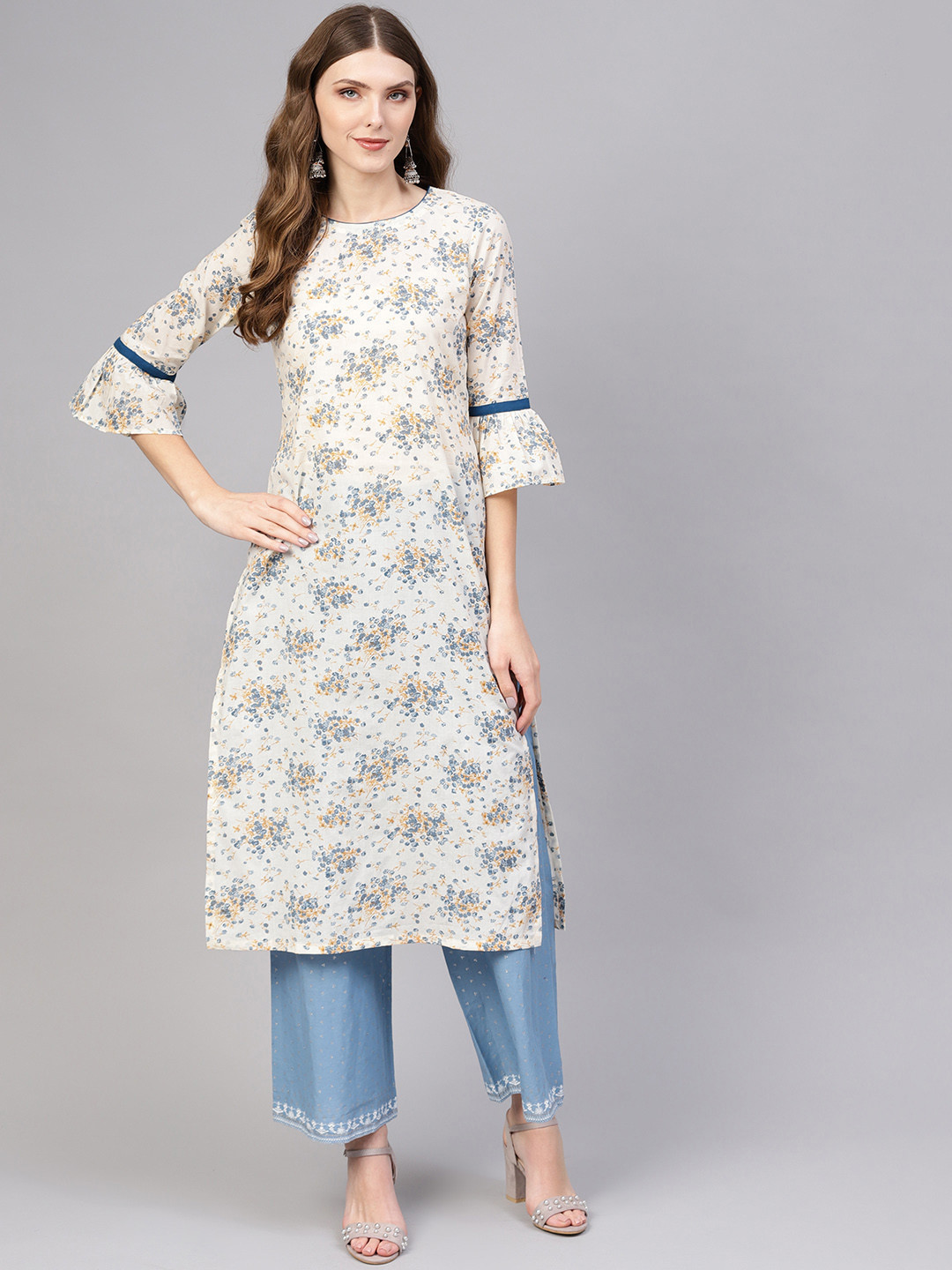 

AASI - HOUSE OF NAYO Women Off-White & Blue Floral Printed Cotton Straight Kurta