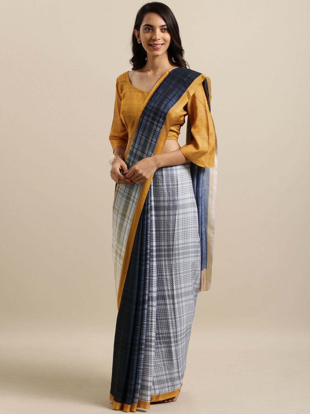 

Kvsfab Grey & Navy Blue Silk Cotton Printed Saree