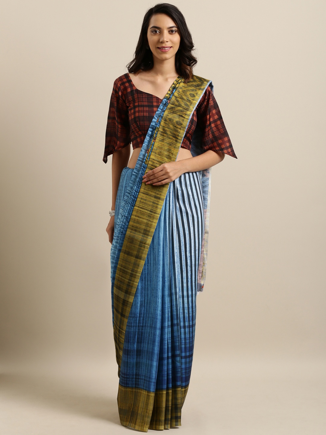 

Kvsfab Blue & Olive Green Silk Cotton Printed Saree