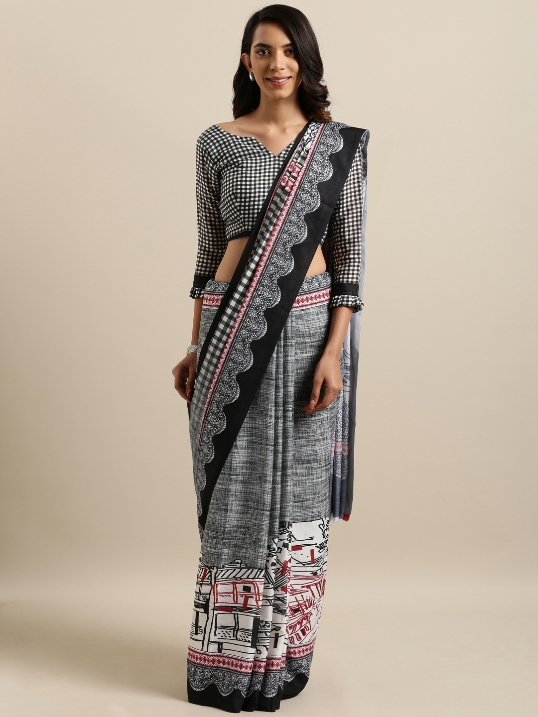 

Kvsfab Black & White Silk Cotton Printed Saree