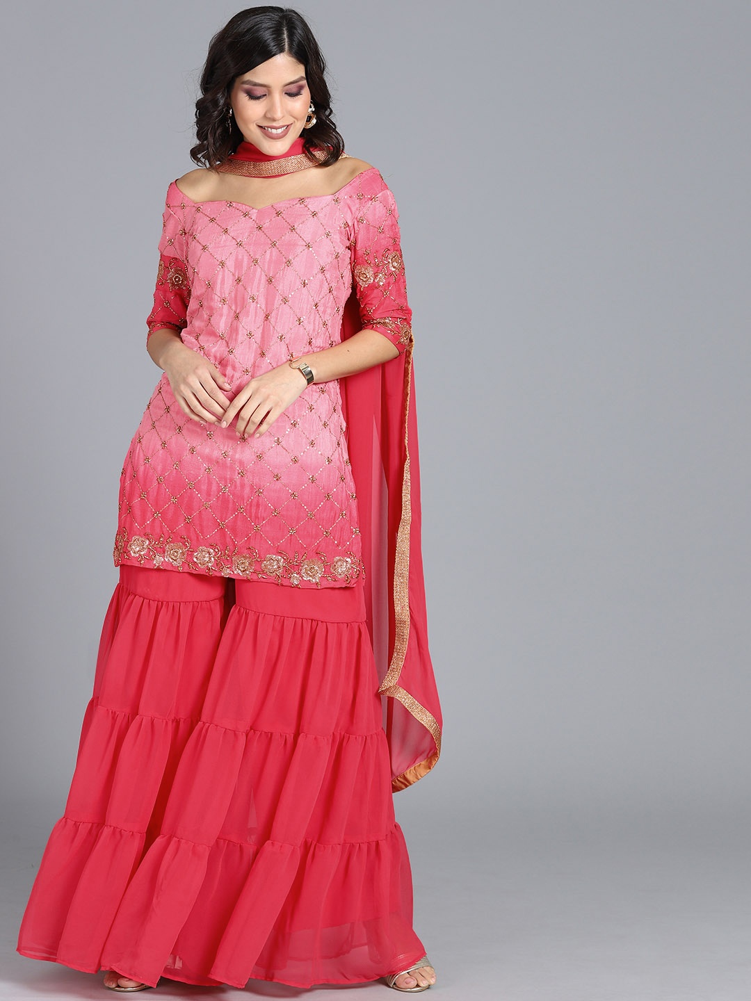 

Ethnovog Women Pink Gold Made To Measure A-Line Kurti with Sharara Dupatta