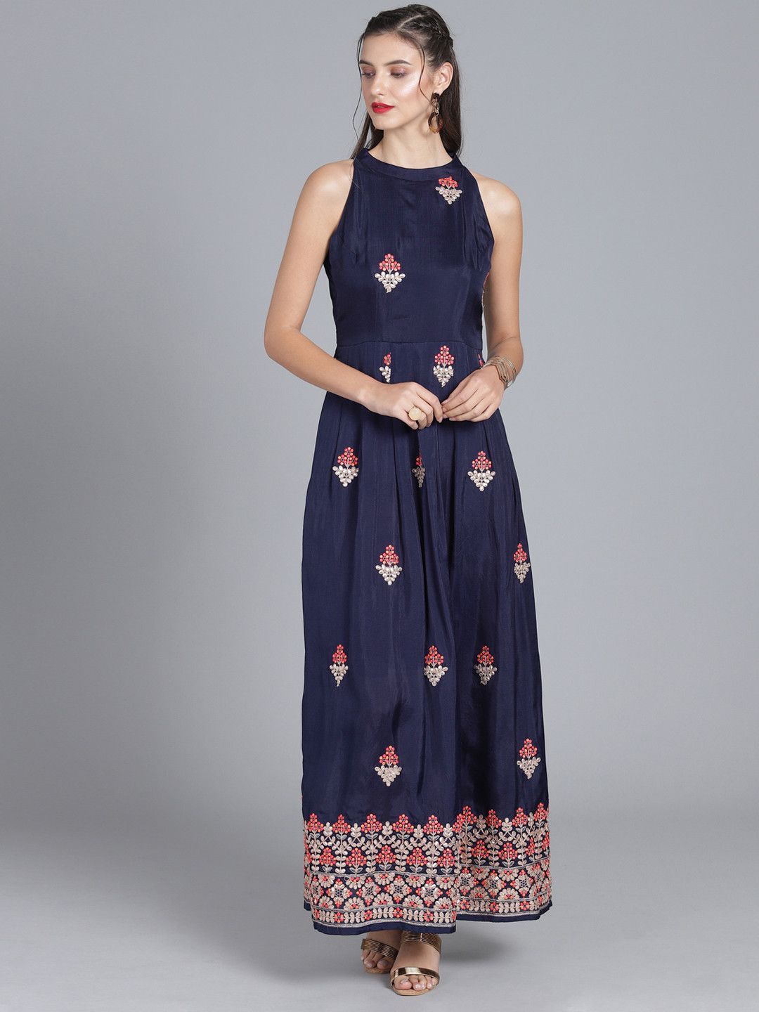 

Ethnovog Women Navy Blue Embellished Made To Measure Maxi Dress