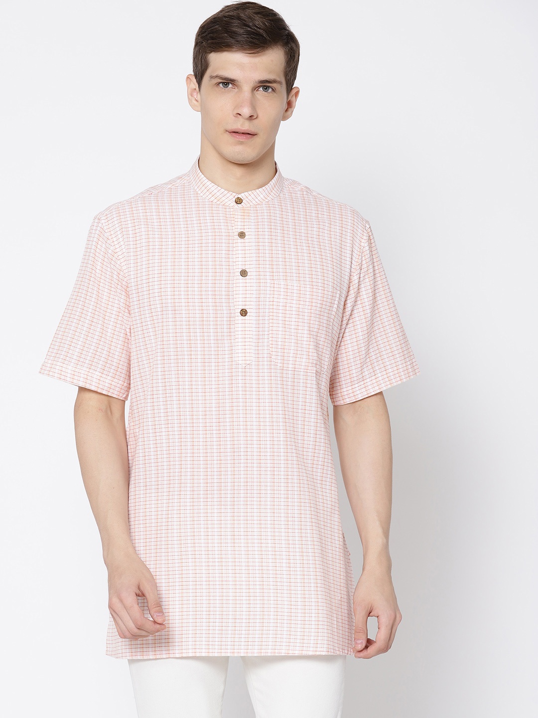 

Fabindia Men Peach-Coloured & Red Checked Straight Kurta