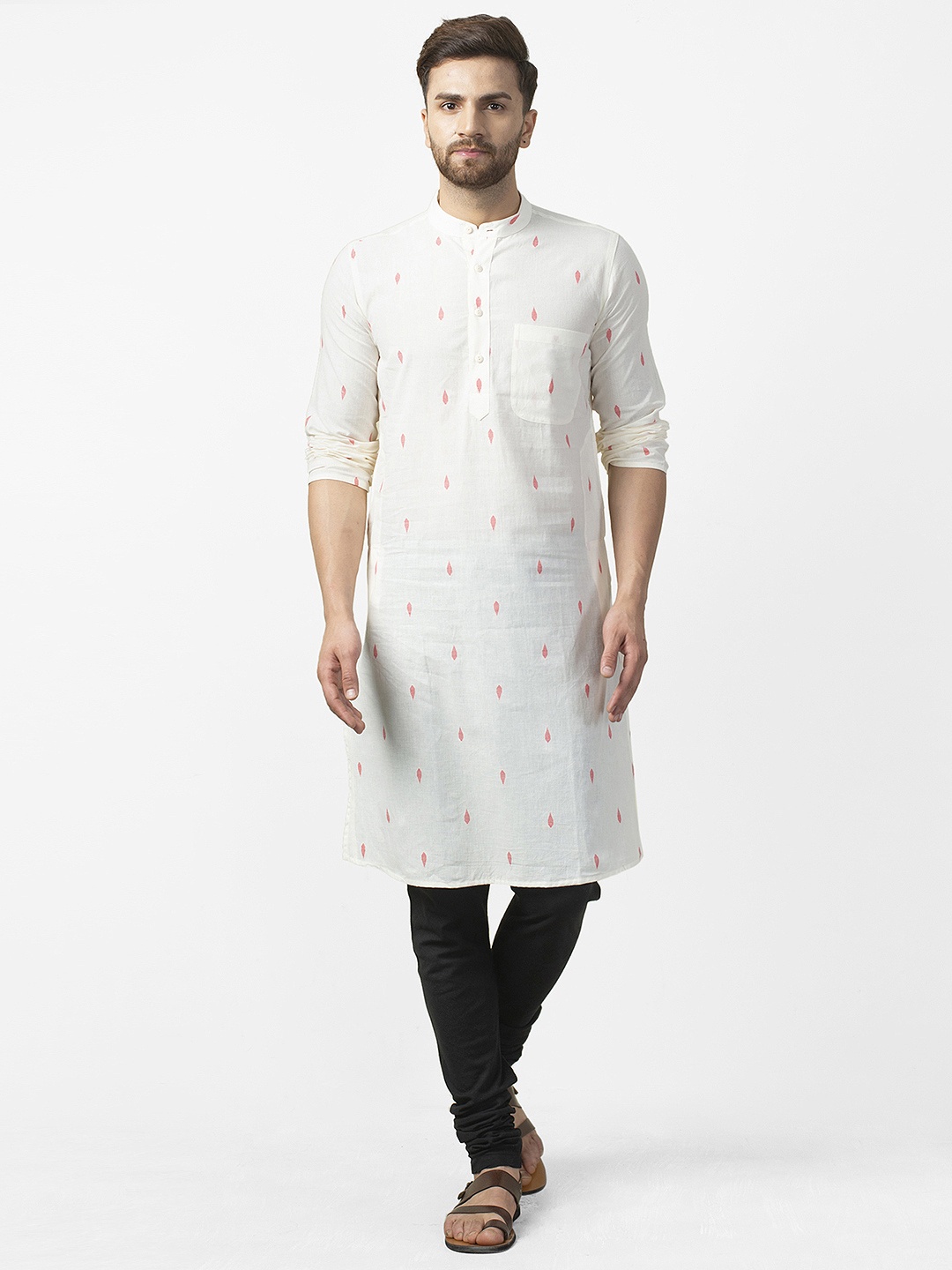 

Fabindia Men Off-White & Pink Slim Fit Woven Design Straight Kurta