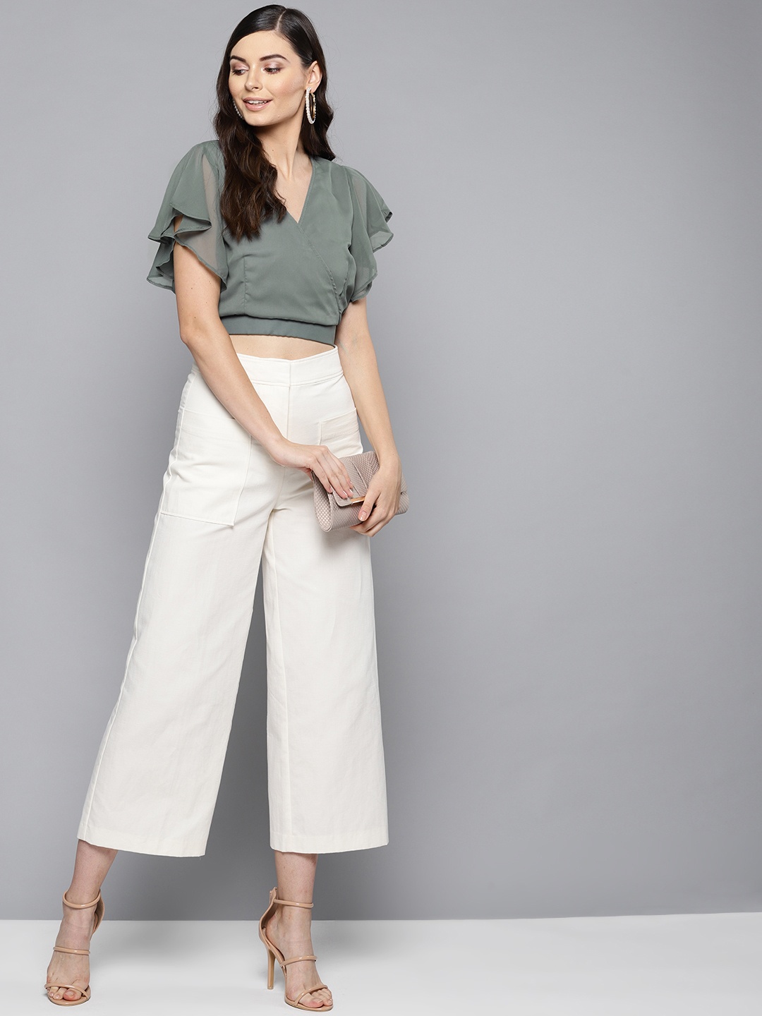 

Orchid Blues Women Green Solid Wrap Blouson Crop Top