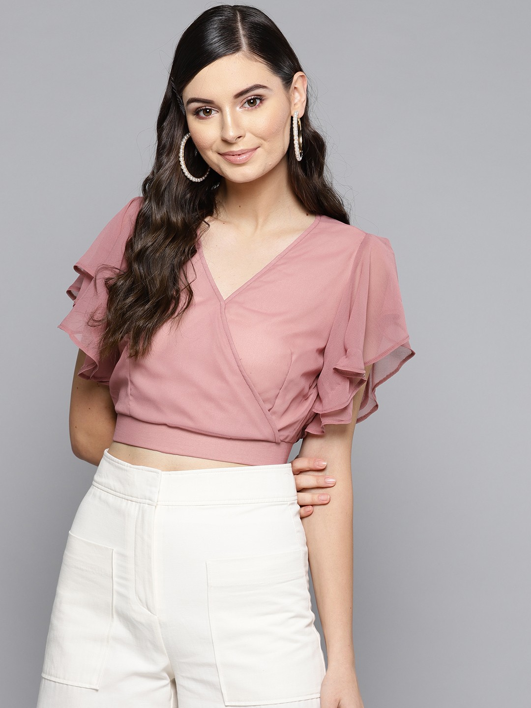 

Orchid Blues Women Dusty Pink Solid Wrap Blouson Crop Top