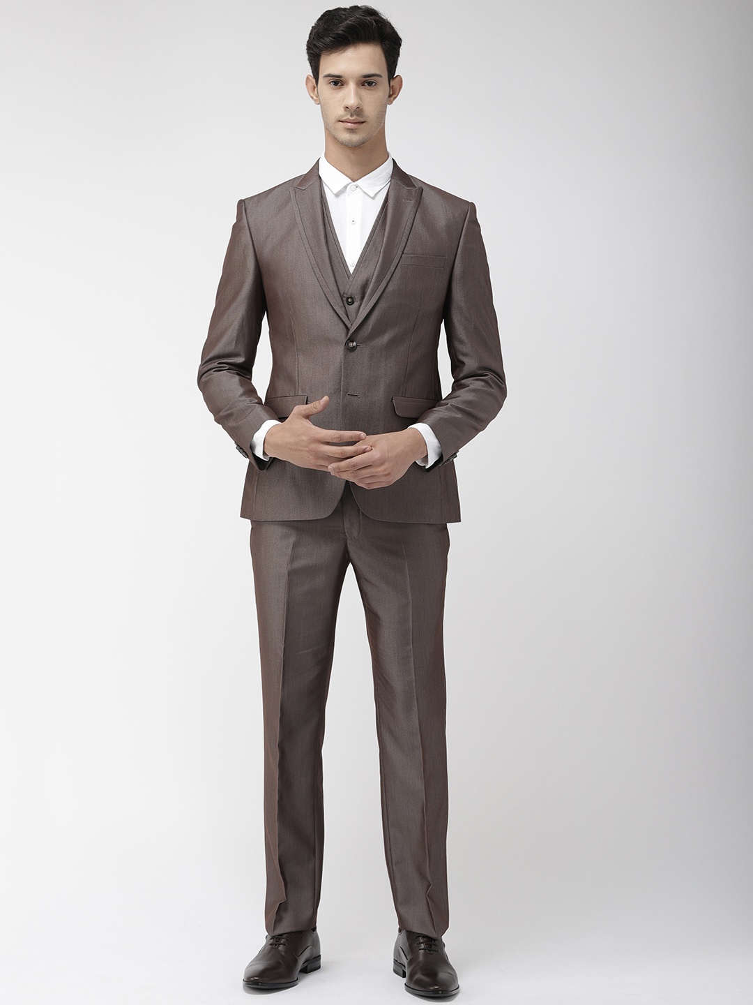 

Park Avenue Men Brown Self Design Single-Breasted Super Slim Fit Formal Suit