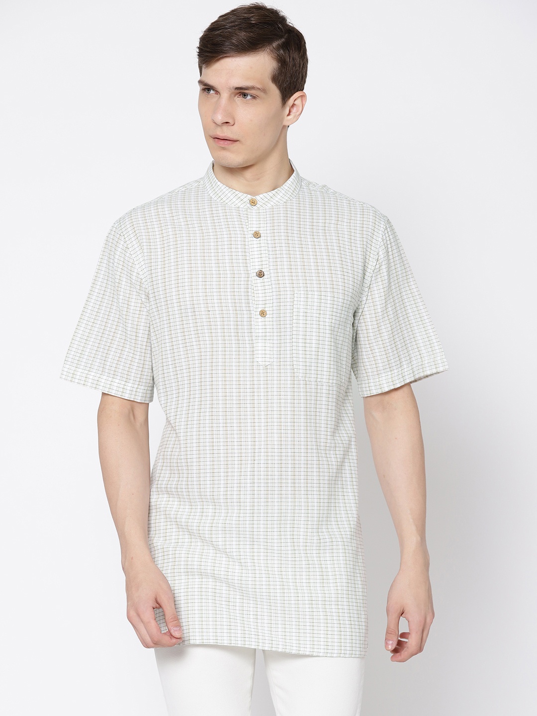 

Fabindia Men Green & White Checked Straight Kurta