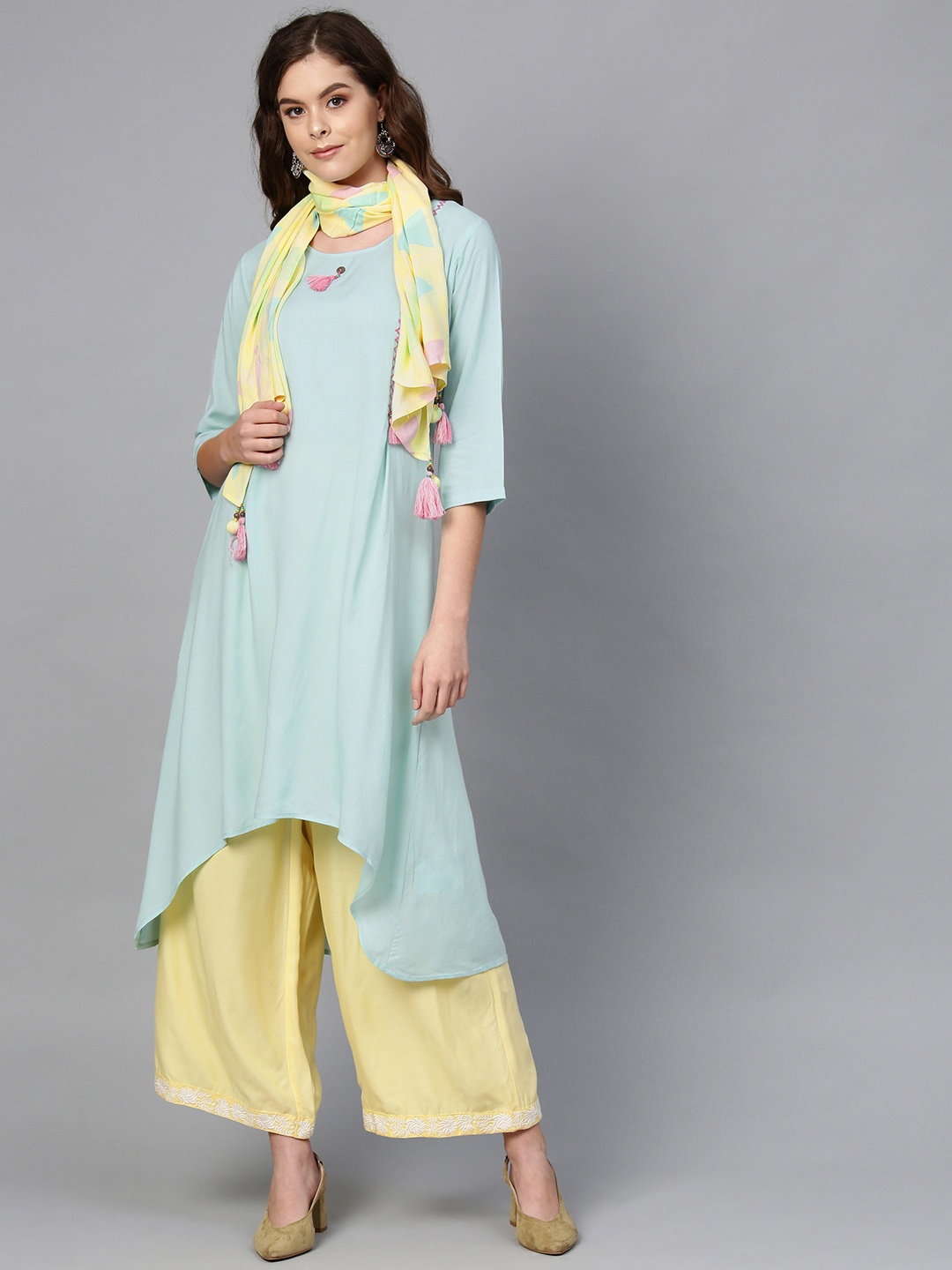 

Shree Women Blue Solid A-Line Kurta with Stole