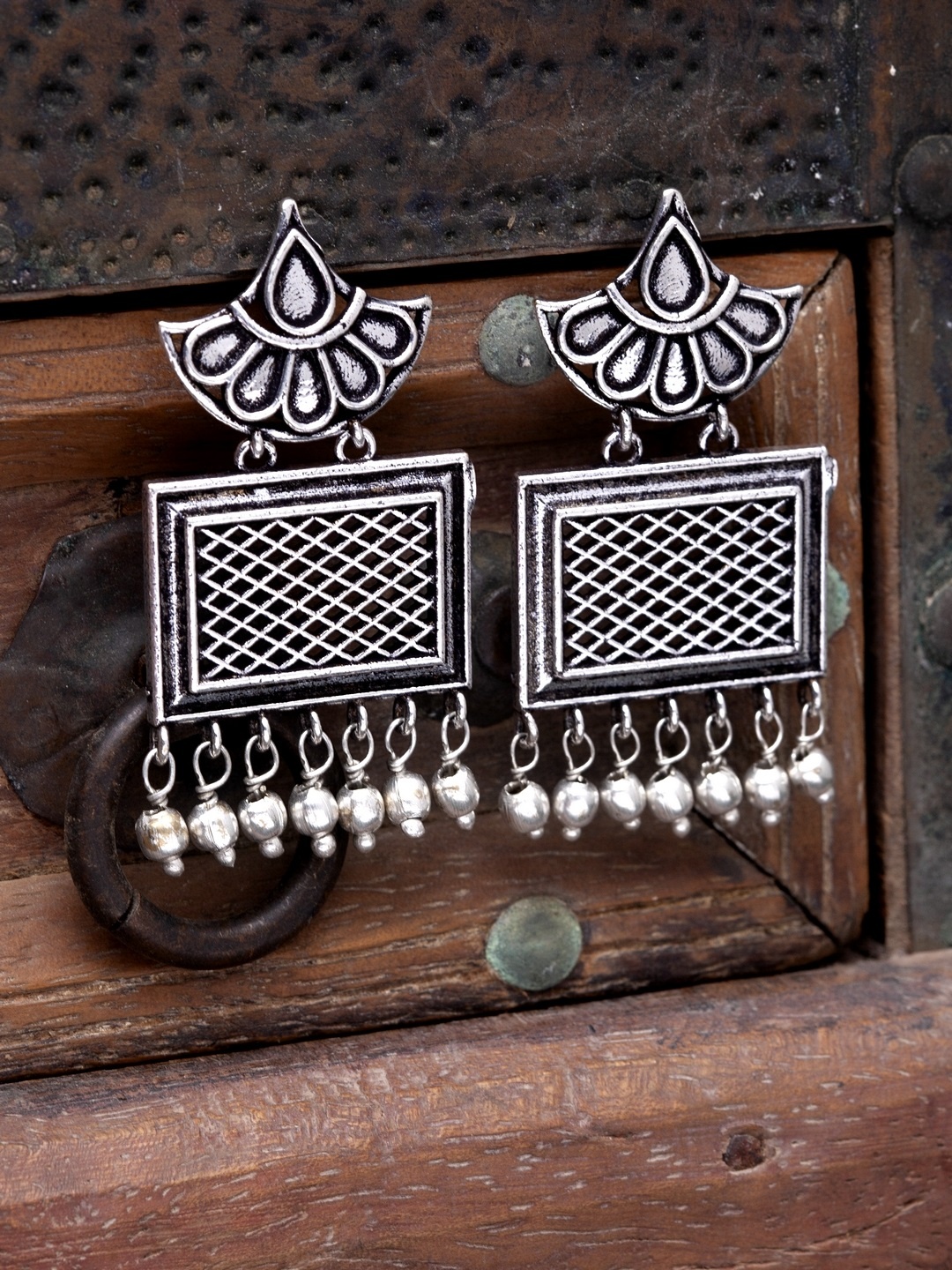 

Infuzze Oxidised Silver-Toned Brass-Plated Geometric Drop Earrings