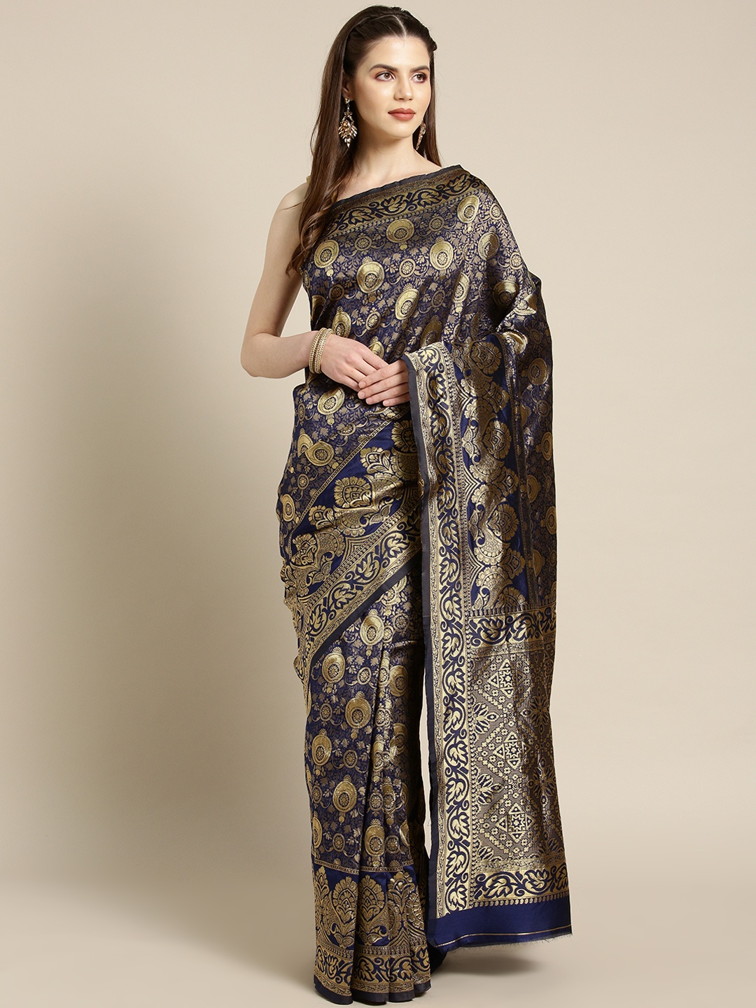 

Ishin Navy Blue & Golden Woven Design Banarasi Saree